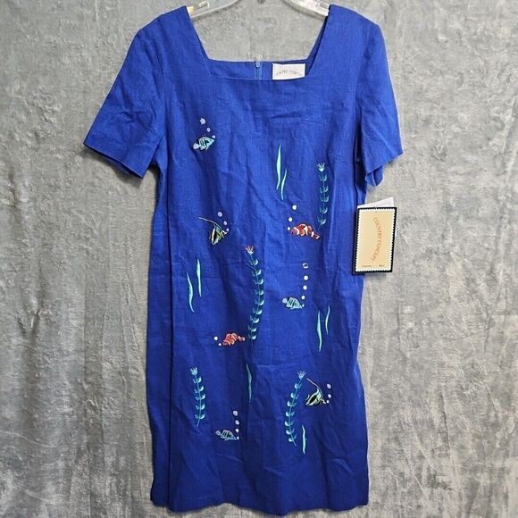 Country Concept Dress Womens Large Blue Embroidered Linen Blend Midi NWT - Picture 1 of 11